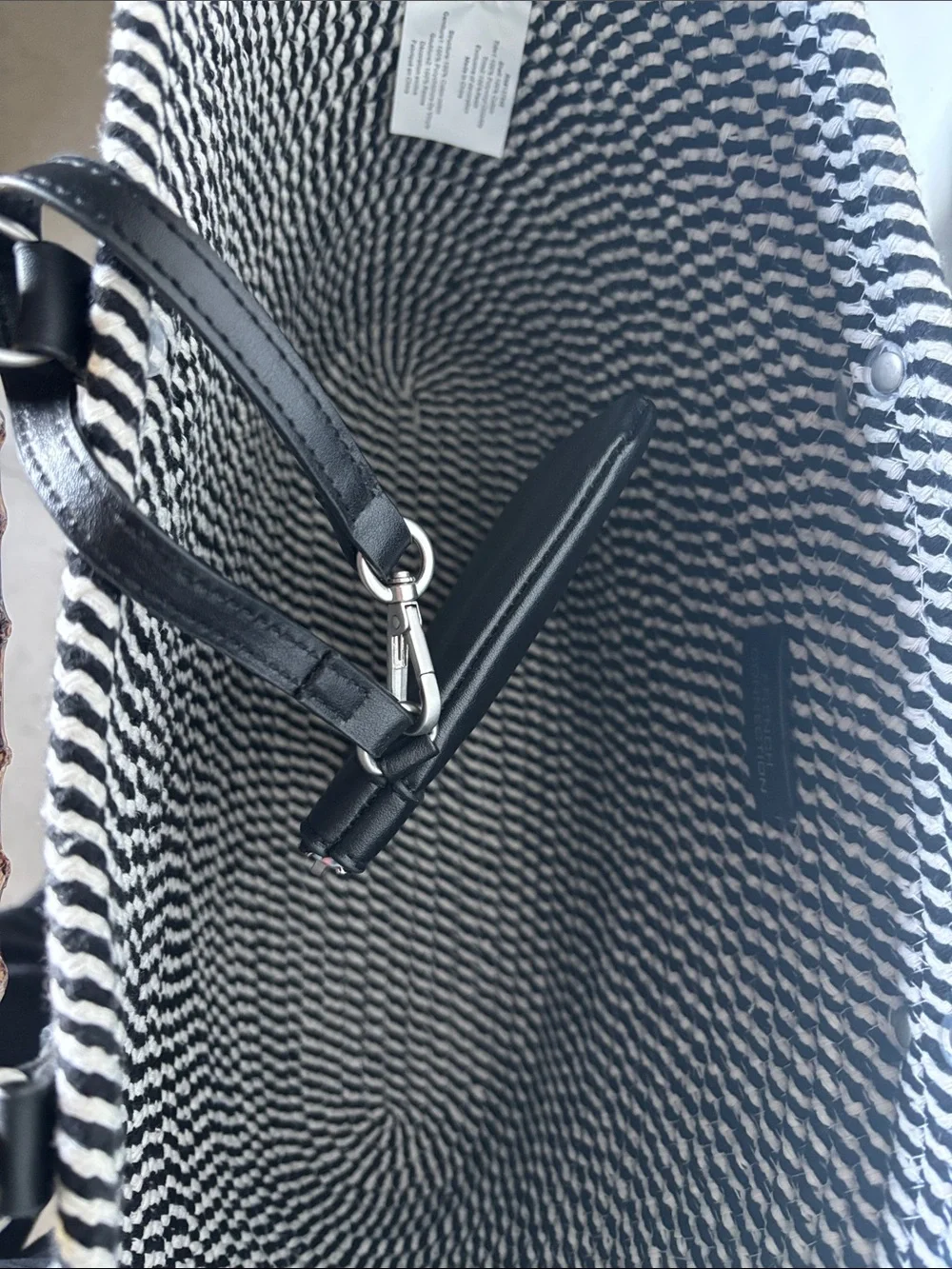 Woven Cotton Black White Tote with Bamboo Handles and Wristlet